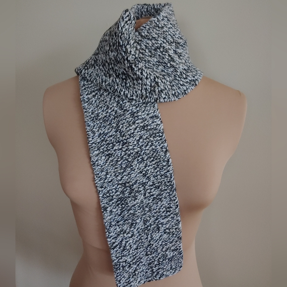 EUC Scarf Cotton Handknit Navy Gray Ivory Garter Stitch Winter